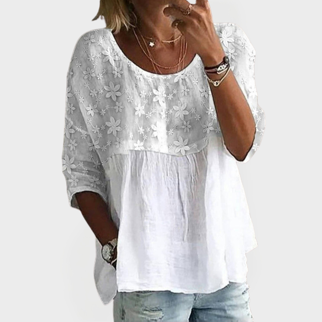 Patchwork Blouse with Embroidered Flowers