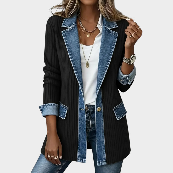 Denim-Trim Ribbed Knit Blazer