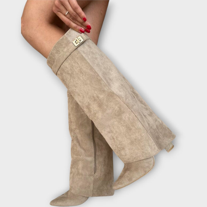 Taupe Suede Knee-High Pointed Boots