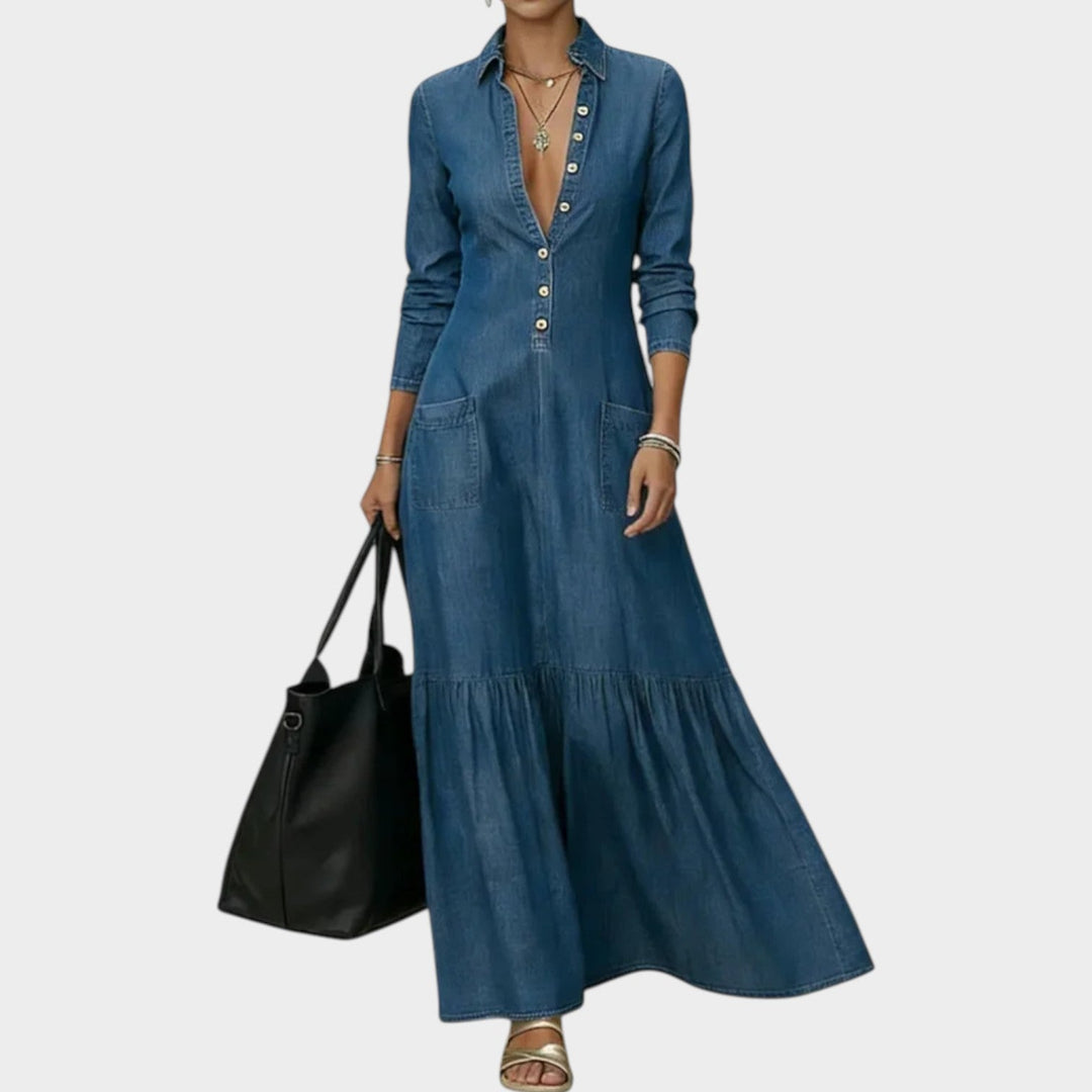 Button-Front Denim Maxi Dress
