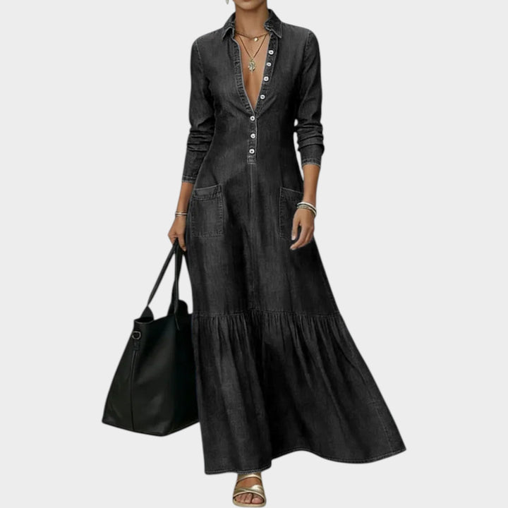 Button-Front Denim Maxi Dress