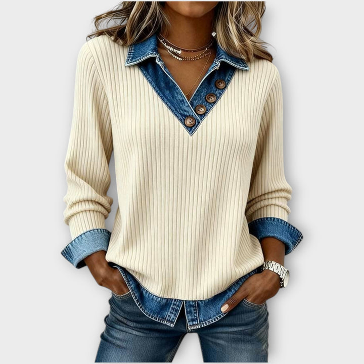 Ribbed Denim-Collar Knit Top