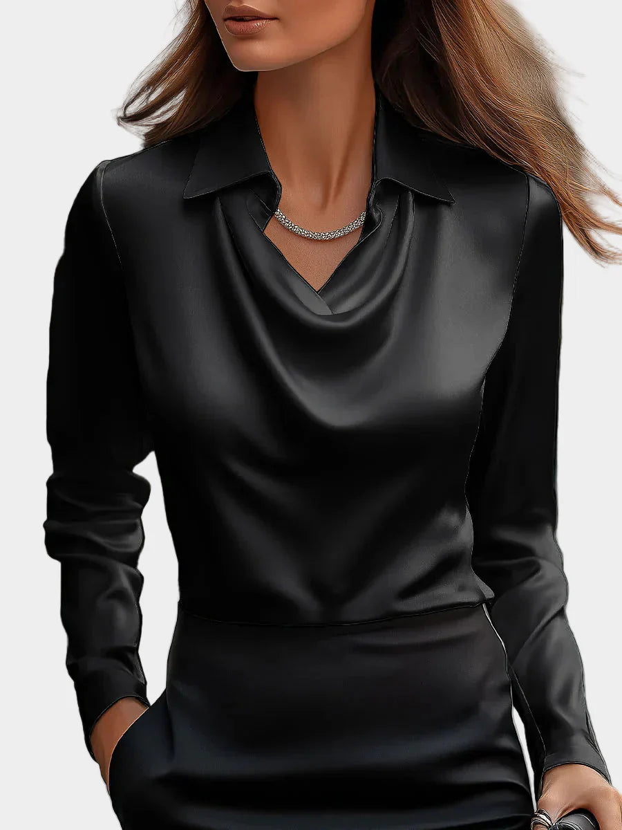 Elegant White Satin Blouse with Draped Neckline