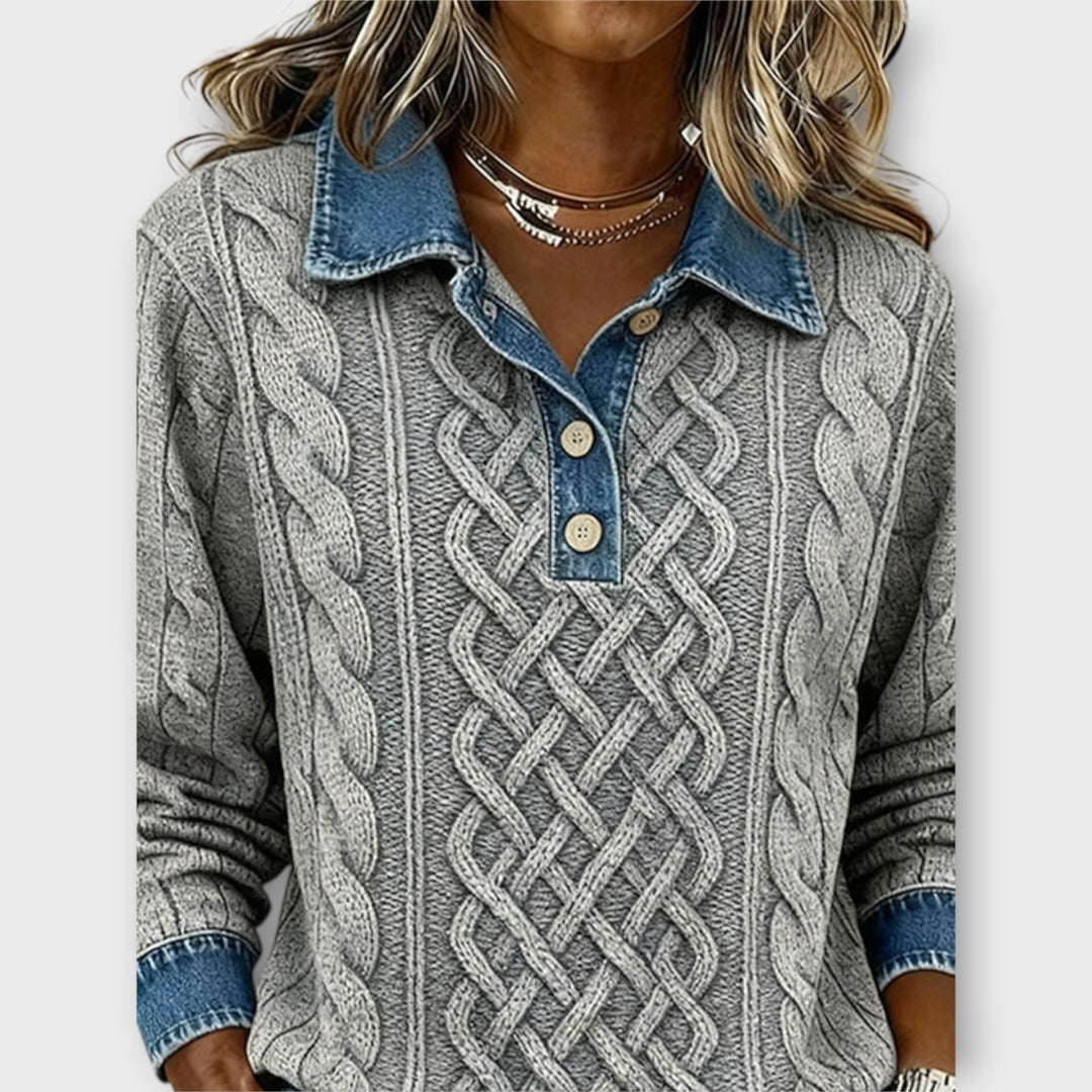 Denim-Collar Cable Knit Pullover