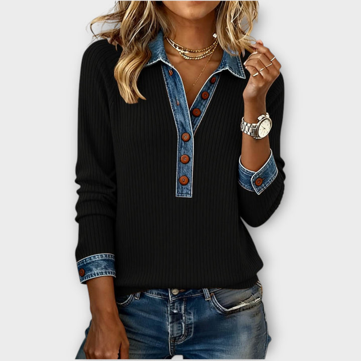 Ribbed Denim-Trim Button Top