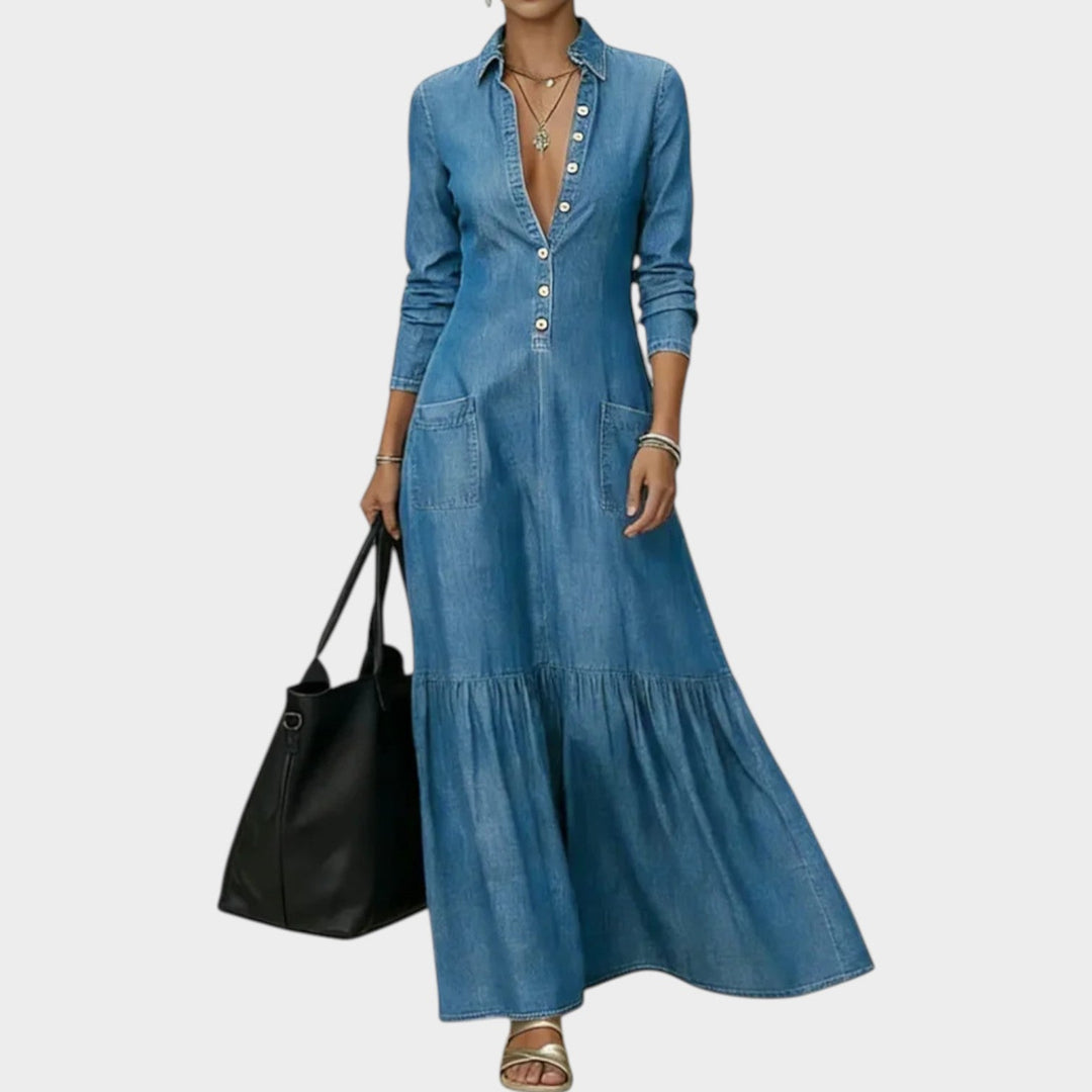 Button-Front Denim Maxi Dress