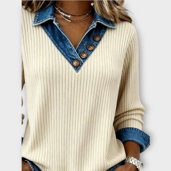 Ribbed Denim-Collar Knit Top