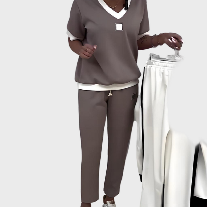 Women's Casual Set with Top and Trousers with V Neckline