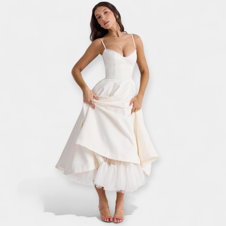 Midi Dress with Tulle Sheer Details