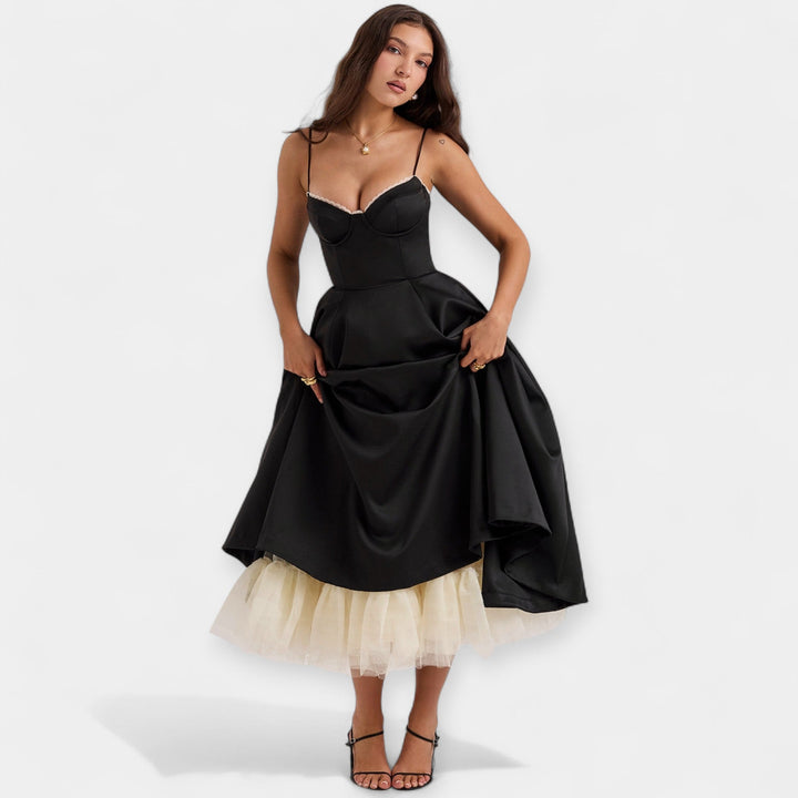 Midi Dress with Tulle Sheer Details