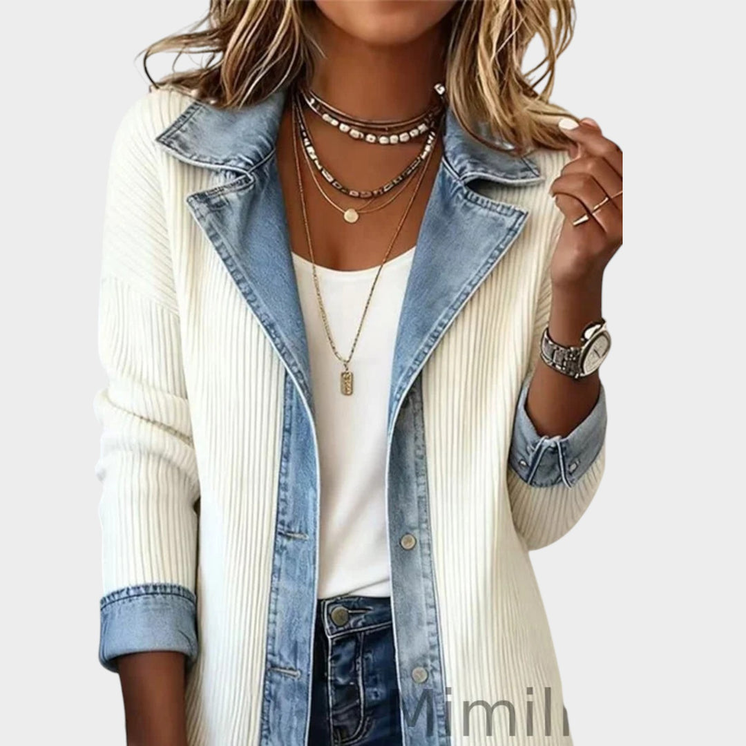 Denim-Trim Knit Cardigan Jacket
