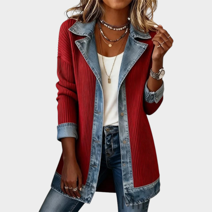 Denim-Trim Knit Cardigan Jacket
